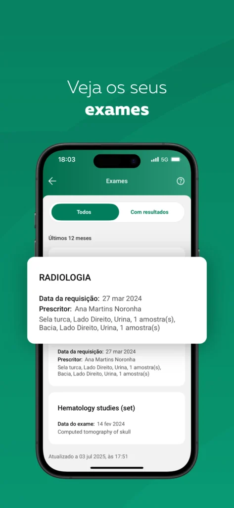The Exames screen in the SNS 24 app